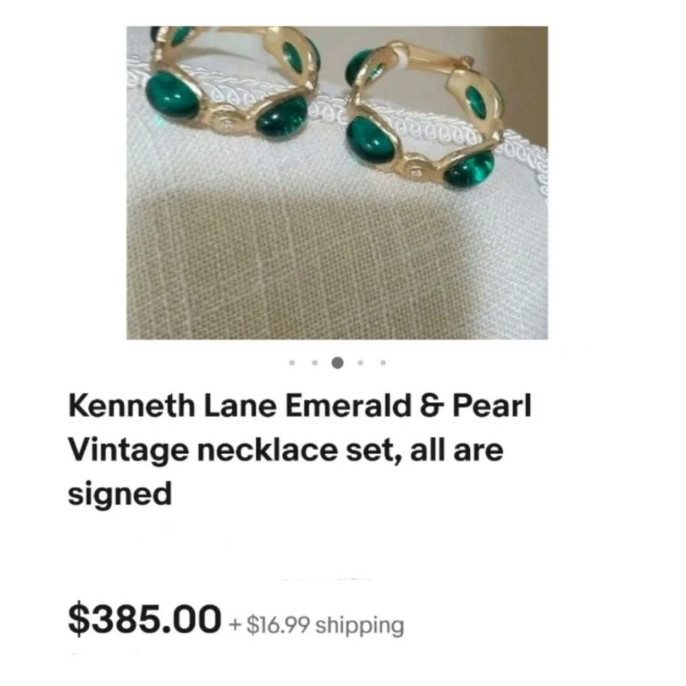 Vintage Kenneth Jay Lane emerald gold satin hoops gemstone earrings clips - Picture 2 of 10